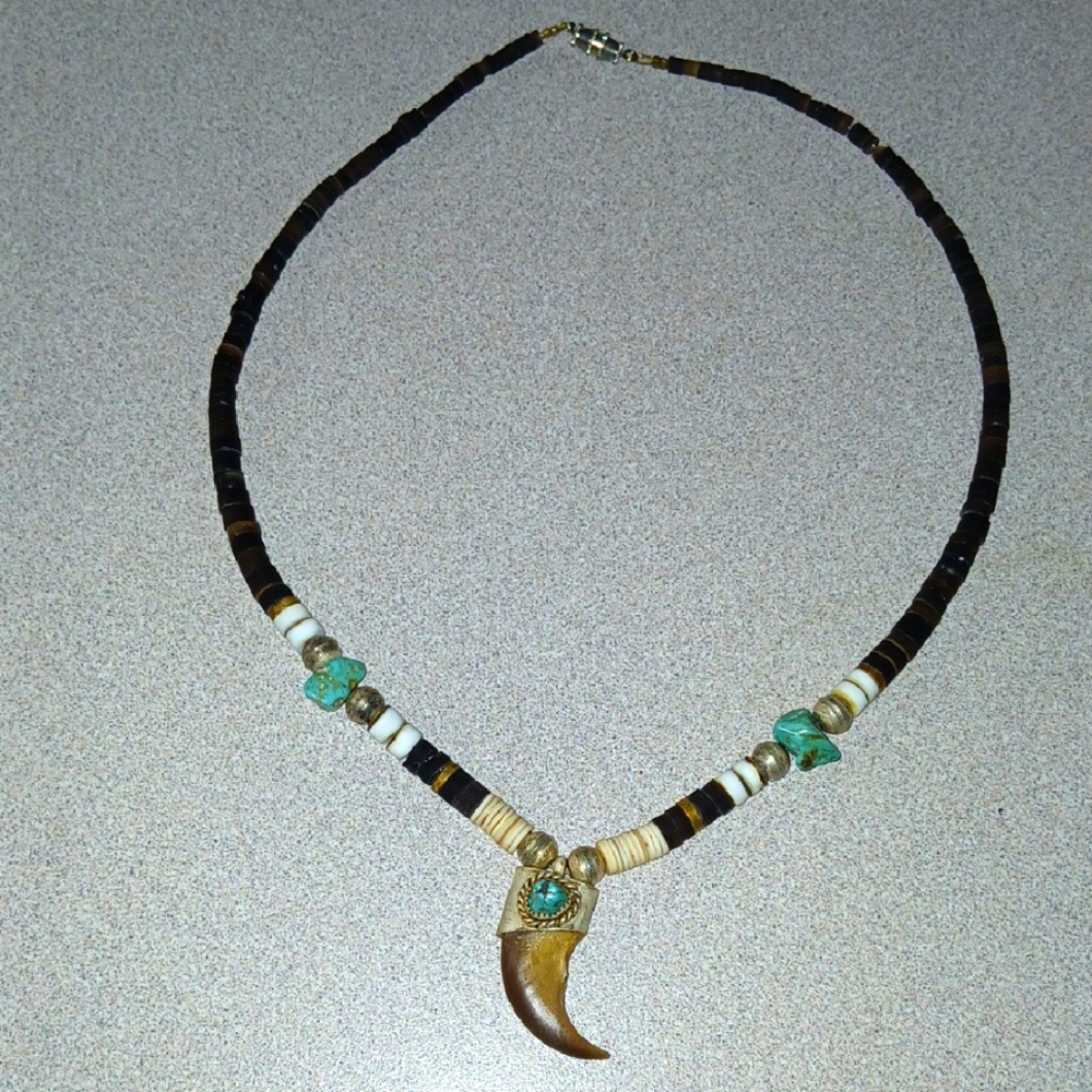 Green and Brown Beaded Necklace with Crescent Pendant